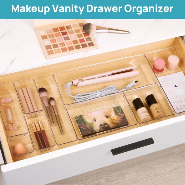 Vtopmart 51 PCS Clear Plastic Drawer Organizers Set 8Size Bathroom and Vanity Drawer Organizer Trays Acrylic Storage Bins for Makeup Kitchen Utensils Gadgets Large Size Office Desk Organizers