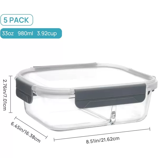Vtopmart 5Pack 33oz Glass Food Storage Containers with Lids Meal Prep Containers 2 Compartments Airtight Lunch Containers Bento Boxes with Snap Locking Lids for Microwave Oven Freezer