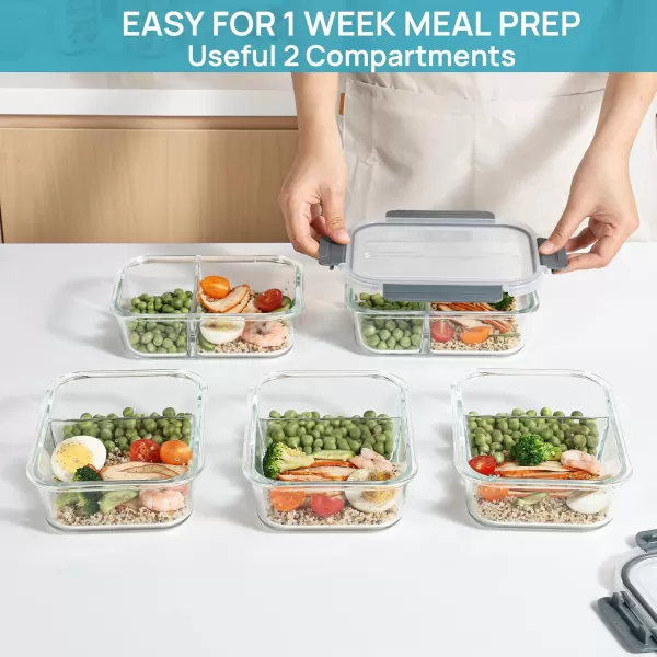 Vtopmart 5Pack 33oz Glass Food Storage Containers with Lids Meal Prep Containers 2 Compartments Airtight Lunch Containers Bento Boxes with Snap Locking Lids for Microwave Oven Freezer