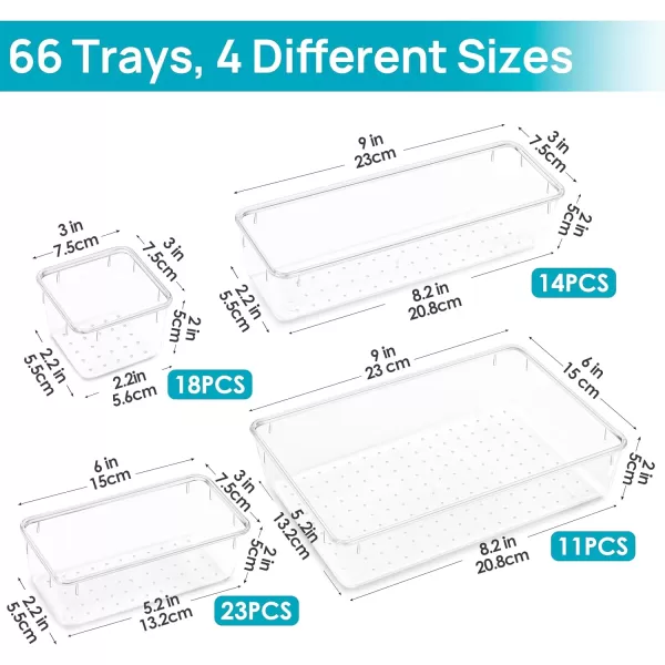 Vtopmart 66 PCS Clear Plastic Drawer Organizers Bins 4Size Versatile Bathroom and Vanity Organizer Trays NonSlip Storage Containers for Makeup Jewelries BedroomKitchen Utensils and Office