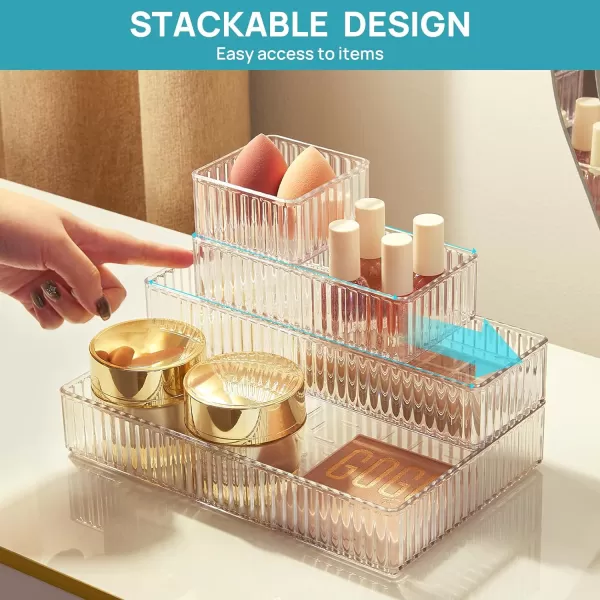Vtopmart 7 PCS Clear Drawer Organizers Bins 4Size Stackable Makeup and Vanity Drawer Organizer Trays Acrylic Bathroom Drawer Storage Containers for Cosmetic Office Supply Kitchen Utensils Gadgets