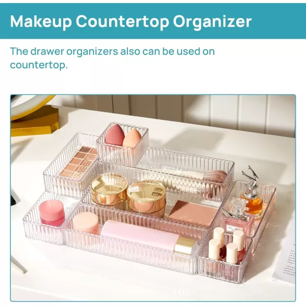 Vtopmart 7 PCS Clear Drawer Organizers Bins 4Size Stackable Makeup and Vanity Drawer Organizer Trays Acrylic Bathroom Drawer Storage Containers for Cosmetic Office Supply Kitchen Utensils Gadgets
