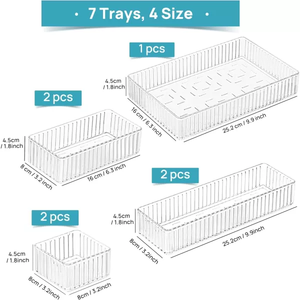 Vtopmart 7 PCS Clear Drawer Organizers Bins 4Size Stackable Makeup and Vanity Drawer Organizer Trays Acrylic Bathroom Drawer Storage Containers for Cosmetic Office Supply Kitchen Utensils Gadgets