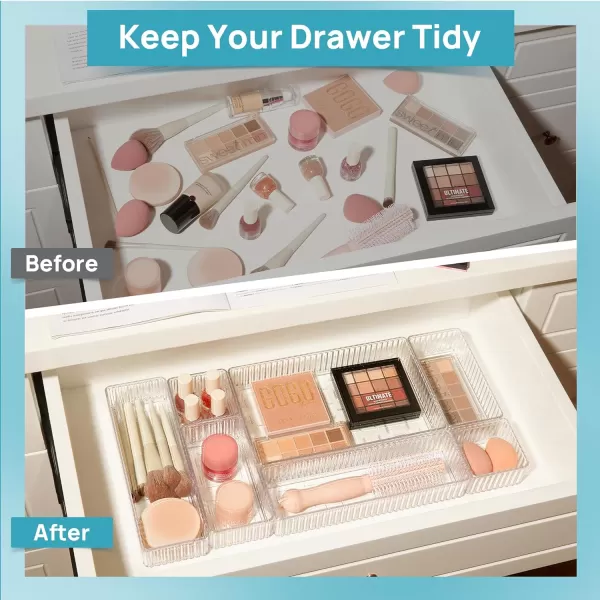 Vtopmart 7 PCS Clear Drawer Organizers Bins 4Size Stackable Makeup and Vanity Drawer Organizer Trays Acrylic Bathroom Drawer Storage Containers for Cosmetic Office Supply Kitchen Utensils Gadgets