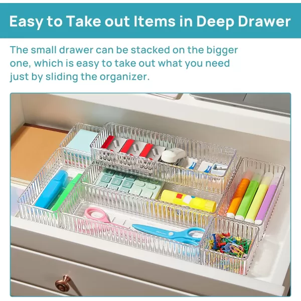 Vtopmart 7 PCS Clear Drawer Organizers Bins 4Size Stackable Makeup and Vanity Drawer Organizer Trays Acrylic Bathroom Drawer Storage Containers for Cosmetic Office Supply Kitchen Utensils Gadgets