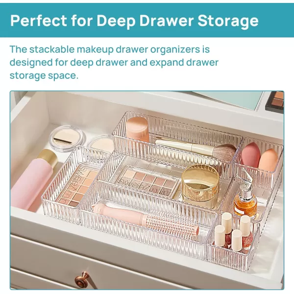 Vtopmart 7 PCS Clear Drawer Organizers Bins 4Size Stackable Makeup and Vanity Drawer Organizer Trays Acrylic Bathroom Drawer Storage Containers for Cosmetic Office Supply Kitchen Utensils Gadgets