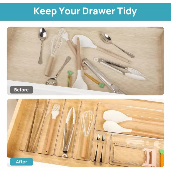 Vtopmart 7 PCS Kitchen Drawer Organizer 4 Size Clear Plastic Utensil Organizer Silverware Flatware Organizer for Drawer Cutlery Organizer Tray for Kitchen Drawer Storage Bins for Makeup Bathroom