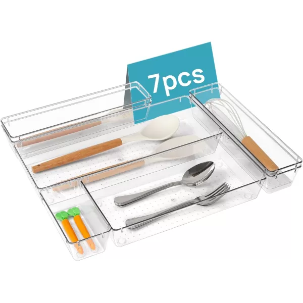 Vtopmart 7 PCS Kitchen Drawer Organizer 4 Size Clear Plastic Utensil Organizer Silverware Flatware Organizer for Drawer Cutlery Organizer Tray for Kitchen Drawer Storage Bins for Makeup Bathroom