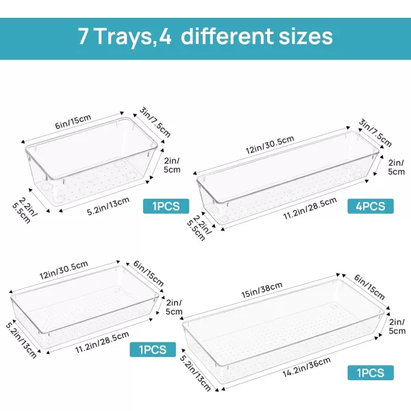 Vtopmart 7 PCS Kitchen Drawer Organizer 4 Size Clear Plastic Utensil Organizer Silverware Flatware Organizer for Drawer Cutlery Organizer Tray for Kitchen Drawer Storage Bins for Makeup Bathroom