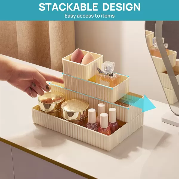Vtopmart 7 PCS White Drawer Organizers Bins 4Size Stackable Makeup and Vanity Drawer Organizer Trays Acrylic Bathroom Drawer Storage Containers for Cosmetic Office Supply Kitchen Utensils