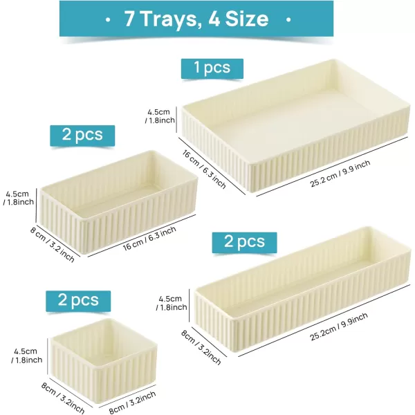 Vtopmart 7 PCS White Drawer Organizers Bins 4Size Stackable Makeup and Vanity Drawer Organizer Trays Acrylic Bathroom Drawer Storage Containers for Cosmetic Office Supply Kitchen Utensils