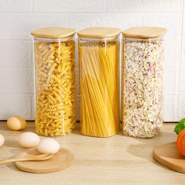 Vtopmart 70oz Glass Food Storage Jars Set of 3 Large Food Containers with Airtight Bamboo Wooden Lids for Pasta Nuts Flour Glass Canisters for Kitchen Pantry Organization and Storage BPA FreeSquare