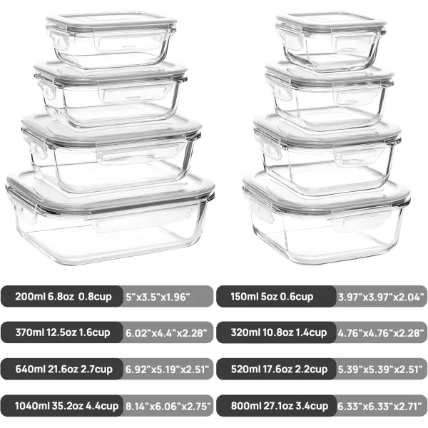 Vtopmart 8 Pack Glass Meal Prep Container with Lids Snapware Lunch Containers for Food Storage Airtight Kitchen Container for Leftover Microwave Oven Freezer and Dishwasher Safe BPA FreeGrey
