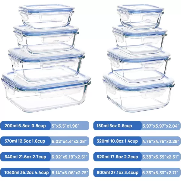 Vtopmart 8 Pack Glass Meal Prep Container with Lids Snapware Lunch Containers for Food Storage Airtight Kitchen Container for Leftover Microwave Oven Freezer and Dishwasher Safe BPA FreeBlue