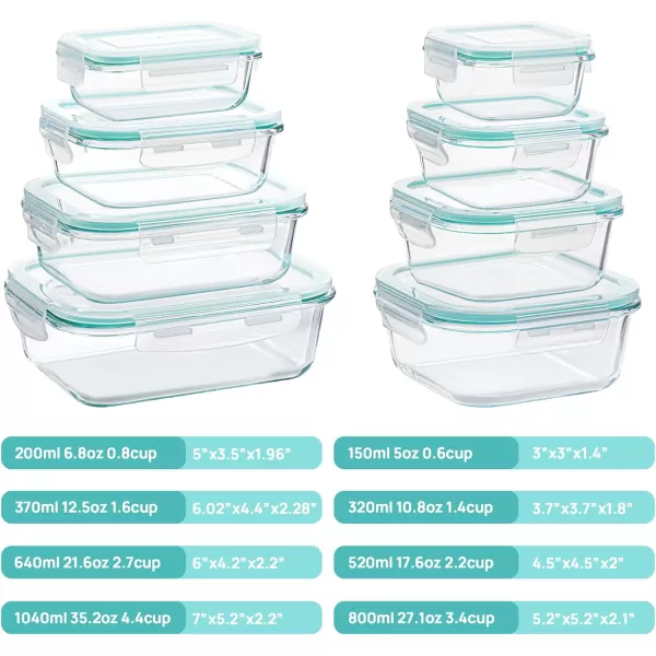 Vtopmart 8 Pack Glass Meal Prep Container with Lids Snapware Lunch Containers for Food Storage Airtight Kitchen Container for Leftover Microwave Oven Freezer and Dishwasher Safe BPA FreeGreen