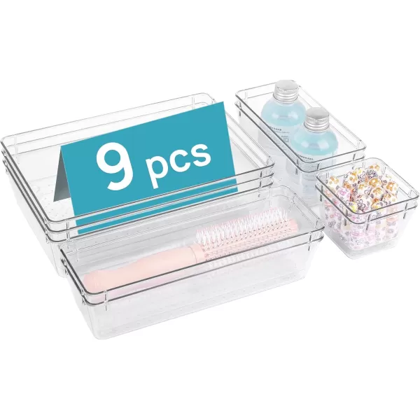 Vtopmart 9 Pcs Drawer Organizer Set Bathroom Drawer Organizers and Storage 4 Size Clear Plastic Drawer Organizer Storage Bins Acrylic Vanity Organizer Tray for Makeup Office Kitchen Gadgets