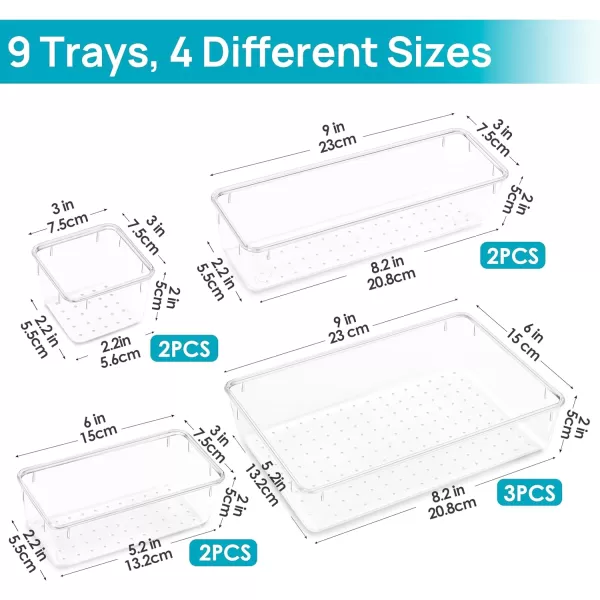Vtopmart 9 Pcs Drawer Organizer Set Bathroom Drawer Organizers and Storage 4 Size Clear Plastic Drawer Organizer Storage Bins Acrylic Vanity Organizer Tray for Makeup Office Kitchen Gadgets