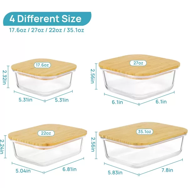 Vtopmart Glass Food Storage Containers with Bamboo Lids 4 Pack Meal Prep Glass Containers Bento Lunch Box Safe for Microwave Oven Freezer and Dishwasher BPA Free