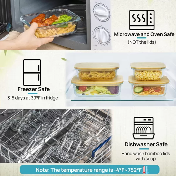 Vtopmart Glass Food Storage Containers with Bamboo Lids 4 Pack Meal Prep Glass Containers Bento Lunch Box Safe for Microwave Oven Freezer and Dishwasher BPA Free