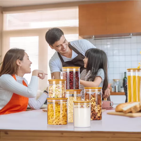 Vtopmart Glass Food Storage Jars 7 Pack Food Containers with Airtight Bamboo Wooden Lids for Pasta Cookies Nuts Coffee Beans Cereal Glass Canisters for Kitchen Pantry Organization BPA Free