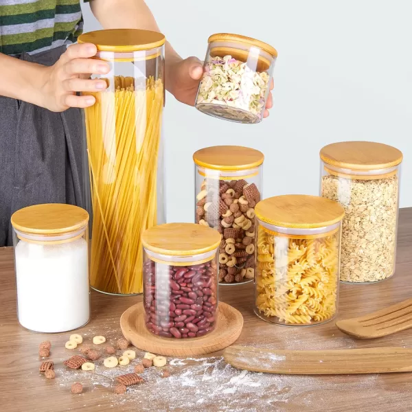 Vtopmart Glass Food Storage Jars 7 Pack Food Containers with Airtight Bamboo Wooden Lids for Pasta Cookies Nuts Coffee Beans Cereal Glass Canisters for Kitchen Pantry Organization BPA Free