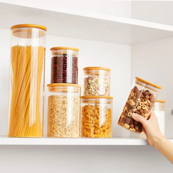 Vtopmart Glass Food Storage Jars 7 Pack Food Containers with Airtight Bamboo Wooden Lids for Pasta Cookies Nuts Coffee Beans Cereal Glass Canisters for Kitchen Pantry Organization BPA Free