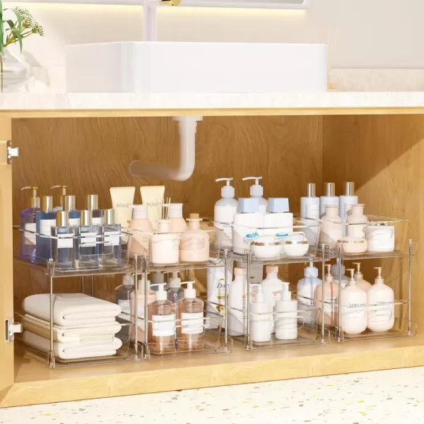 2 Tier Bathroom Storage Organizer Vtopmart 4 Pack Clear Under Sink Organizers Vanity Counter Storage Container Medicine Cabinet Drawers Bins PullOut Organization with Track for Pantry Kitchen