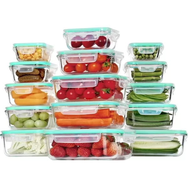 Vtopmart 15 Pack Glass Food Storage Containers with Lids Glass Meal Prep Containers Airtight Glass Bento Boxes with Leak Proof Locking Lids for Microwave Oven Freezer and Dishwasher BPA FreeGreen