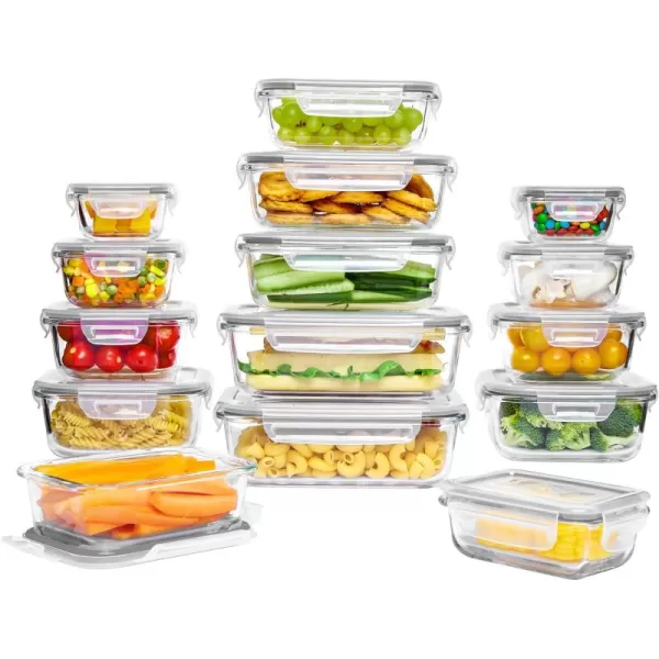 Vtopmart 15 Pack Glass Food Storage Containers with Lids Glass Meal Prep Containers Airtight Glass Bento Boxes with Leak Proof Locking Lids for Microwave Oven Freezer and Dishwasher BPA FreeGrey