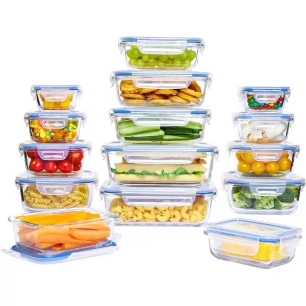 Vtopmart 15 Pack Glass Food Storage Containers with Lids Glass Meal Prep Containers Airtight Glass Bento Boxes with Leak Proof Locking Lids for Microwave Oven Freezer and Dishwasher BPA FreeBlue