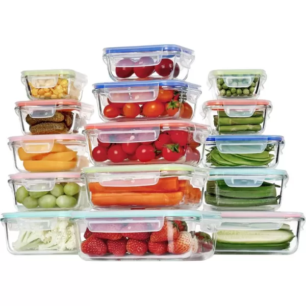 Vtopmart 15 Pack Glass Food Storage Containers with Lids Glass Meal Prep Containers Airtight Glass Bento Boxes with Leak Proof Locking Lids for Microwave Oven Freezer and Dishwasher BPA FreeMulticolor