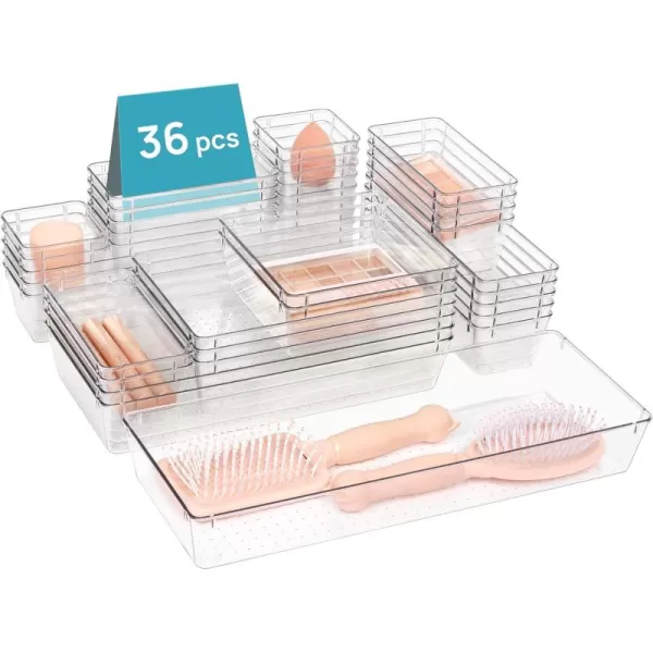 Vtopmart 36 PCS Clear Plastic Drawer Organizers Set 7Size Bathroom and Vanity Drawer Organizer Trays Acrylic Storage Bins for Makeup Kitchen Utensils Gadgets Large Size Office Desk Organizers