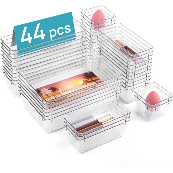 Vtopmart 44 PCS Clear Plastic Drawer Organizers Set 4Size Versatile Bathroom and Vanity Organizer Trays NonSlip Storage Containers for Makeup Jewelries BedroomKitchen Utensils and Office