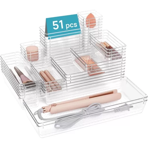 Vtopmart 51 PCS Clear Plastic Drawer Organizers Set 8Size Bathroom and Vanity Drawer Organizer Trays Acrylic Storage Bins for Makeup Kitchen Utensils Gadgets Large Size Office Desk Organizers