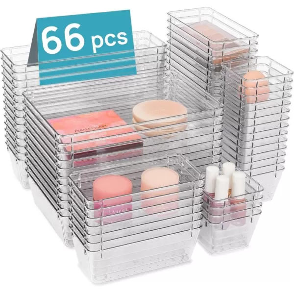 Vtopmart 66 PCS Clear Plastic Drawer Organizers Bins 4Size Versatile Bathroom and Vanity Organizer Trays NonSlip Storage Containers for Makeup Jewelries BedroomKitchen Utensils and Office