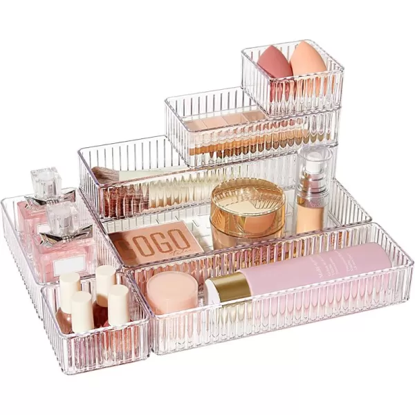 Vtopmart 7 PCS Clear Drawer Organizers Bins 4Size Stackable Makeup and Vanity Drawer Organizer Trays Acrylic Bathroom Drawer Storage Containers for Cosmetic Office Supply Kitchen Utensils Gadgets