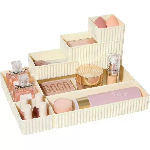 Vtopmart 7 PCS White Drawer Organizers Bins 4Size Stackable Makeup and Vanity Drawer Organizer Trays Acrylic Bathroom Drawer Storage Containers for Cosmetic Office Supply Kitchen Utensils