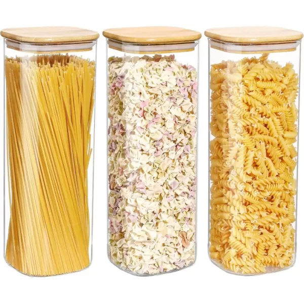 Vtopmart 70oz Glass Food Storage Jars Set of 3 Large Food Containers with Airtight Bamboo Wooden Lids for Pasta Nuts Flour Glass Canisters for Kitchen Pantry Organization and Storage BPA FreeSquare