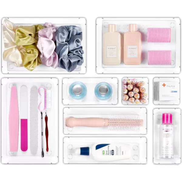 Vtopmart 9 Pcs Drawer Organizer Set Bathroom Drawer Organizers and Storage 4 Size Clear Plastic Drawer Organizer Storage Bins Acrylic Vanity Organizer Tray for Makeup Office Kitchen Gadgets