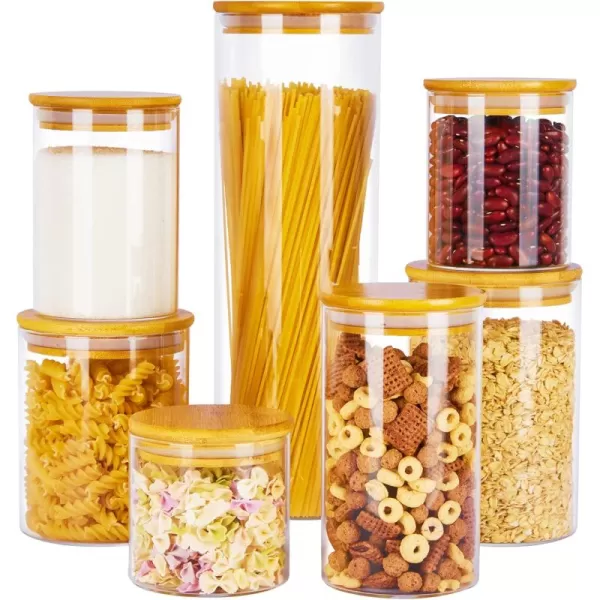 Vtopmart Glass Food Storage Jars 7 Pack Food Containers with Airtight Bamboo Wooden Lids for Pasta Cookies Nuts Coffee Beans Cereal Glass Canisters for Kitchen Pantry Organization BPA Free
