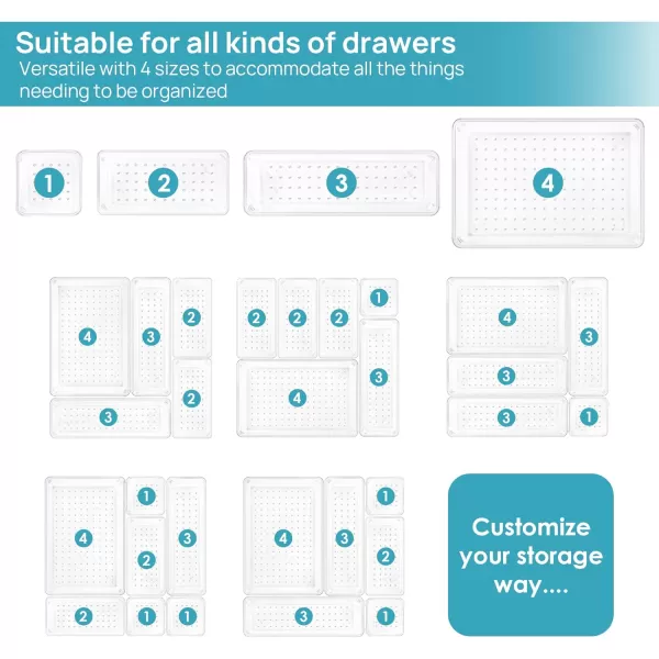 Vtopmart 25 PCS Clear Plastic Drawer Organizers Set 4Size Versatile Bathroom and Vanity Drawer Organizer Trays Storage Bins for Makeup Bedroom Kitchen Gadgets Utensils and OfficeClear