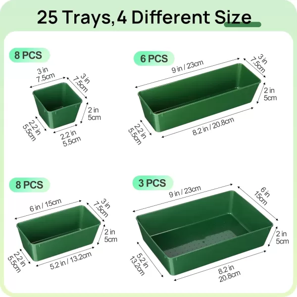 Vtopmart 25 PCS Clear Plastic Drawer Organizers Set 4Size Versatile Bathroom and Vanity Drawer Organizer Trays Storage Bins for Makeup Bedroom Kitchen Gadgets Utensils and OfficeGreen