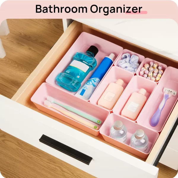 Vtopmart 25 PCS Clear Plastic Drawer Organizers Set 4Size Versatile Bathroom and Vanity Drawer Organizer Trays Storage Bins for Makeup Bedroom Kitchen Gadgets Utensils and OfficePink