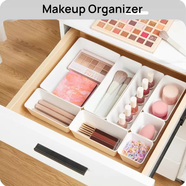 Vtopmart 25 PCS Clear Plastic Drawer Organizers Set 4Size Versatile Bathroom and Vanity Drawer Organizer Trays Storage Bins for Makeup Bedroom Kitchen Gadgets Utensils and OfficeWhite