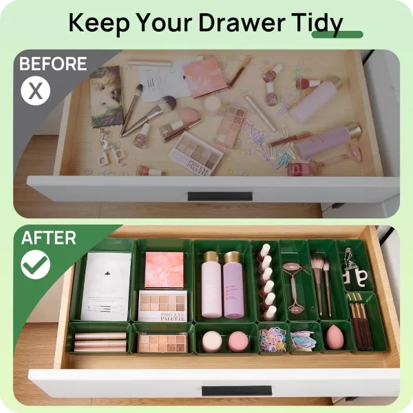 Vtopmart 25 PCS Clear Plastic Drawer Organizers Set 4Size Versatile Bathroom and Vanity Drawer Organizer Trays Storage Bins for Makeup Bedroom Kitchen Gadgets Utensils and OfficeGreen