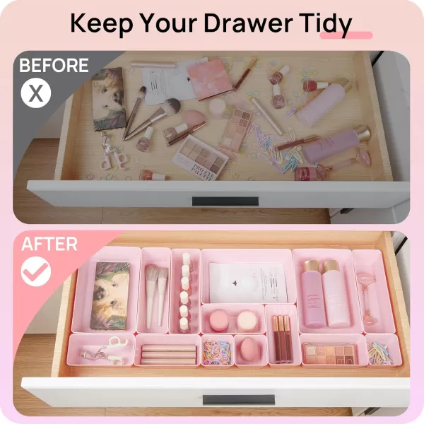 Vtopmart 25 PCS Clear Plastic Drawer Organizers Set 4Size Versatile Bathroom and Vanity Drawer Organizer Trays Storage Bins for Makeup Bedroom Kitchen Gadgets Utensils and OfficePink