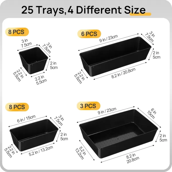 Vtopmart 25 PCS Clear Plastic Drawer Organizers Set 4Size Versatile Bathroom and Vanity Drawer Organizer Trays Storage Bins for Makeup Bedroom Kitchen Gadgets Utensils and OfficeBlack