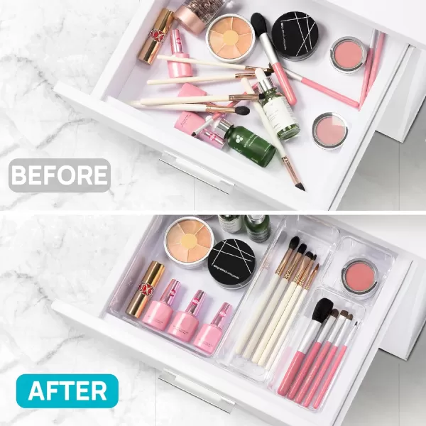 Vtopmart 25 PCS Clear Plastic Drawer Organizers Set 4Size Versatile Bathroom and Vanity Drawer Organizer Trays Storage Bins for Makeup Bedroom Kitchen Gadgets Utensils and OfficeClear