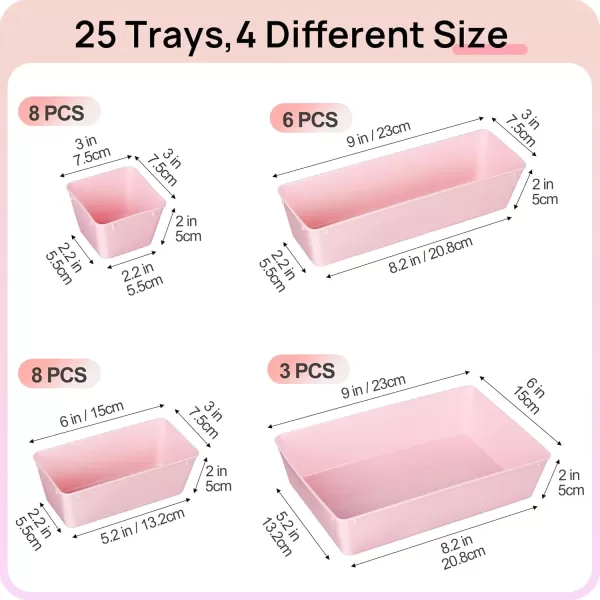 Vtopmart 25 PCS Clear Plastic Drawer Organizers Set 4Size Versatile Bathroom and Vanity Drawer Organizer Trays Storage Bins for Makeup Bedroom Kitchen Gadgets Utensils and OfficePink