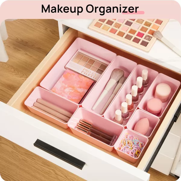 Vtopmart 25 PCS Clear Plastic Drawer Organizers Set 4Size Versatile Bathroom and Vanity Drawer Organizer Trays Storage Bins for Makeup Bedroom Kitchen Gadgets Utensils and OfficePink